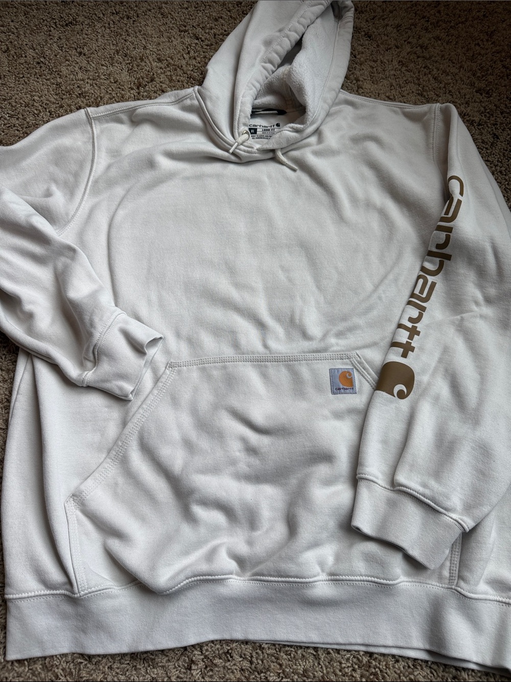 Carhartt Men’s Off White/Cream Hoodie with Tan Sleeve Logo